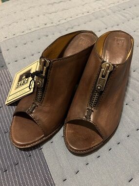 Frye Brown Leather Peep-Toe Mule with Front Zipper